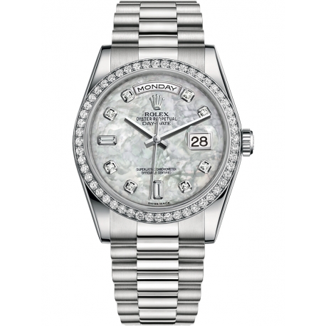 118346-0038 Rolex Day-Date 36 Platinum Diamond Bezel White MOP Dial President Watch