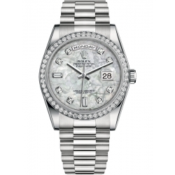 Rolex Day-Date 36 Platinum Diamond Bezel White MOP Dial President Watch 118346