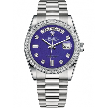 118346-0086 Rolex Day-Date 36 Platinum Diamond Bezel Lapis Lazuli Dial President Watch