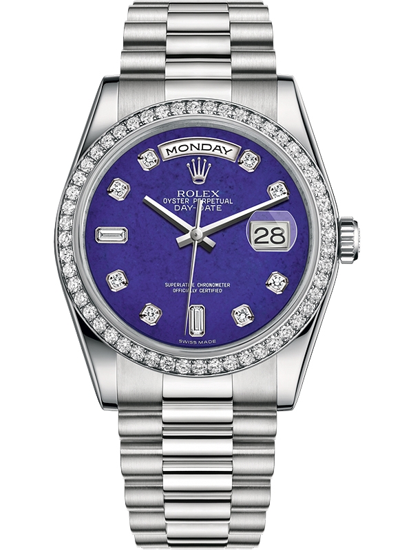 118346 Rolex Day-Date Platinum Diamond Bezel Lapis Lazuli Watch
