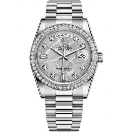 118346-0093 Rolex Day-Date 36 Platinum Diamond Bezel Meteorite Dial President Watch