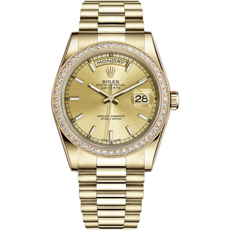 118348-0035 Rolex Day-Date 36 Yellow Gold Diamond Bezel Index Champagne Dial President Watch