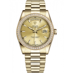 Rolex Day-Date 36 Yellow Gold Diamond Bezel Index Champagne Dial President Watch 118348