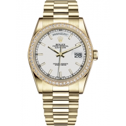 Rolex Day-Date 36 Yellow Gold Diamond Bezel Index White Dial President Watch 118348