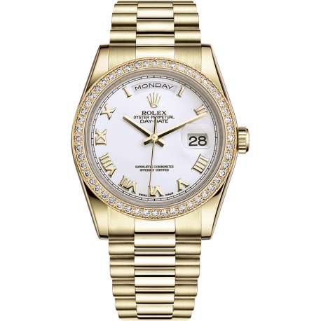 118348-0093 Rolex Day-Date 36 Yellow Gold Diamond Bezel Roman Numerals White Dial President Watch