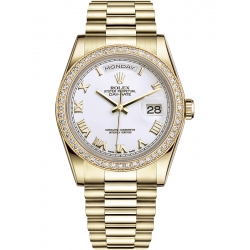 Rolex Day-Date 36 Yellow Gold Diamond Bezel Roman White Dial President Watch 118348
