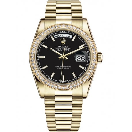 118348-0123 Rolex Day-Date 36 Yellow Gold Diamond Bezel Index Black Dial President Watch
