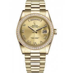 118348-0147 Rolex Day-Date 36 Yellow Gold Diamond Bezel Roman Numerals Champagne Dial President Watch