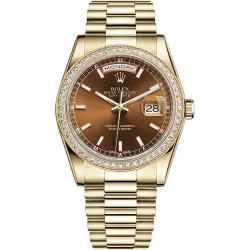 Rolex Day-Date 36 Yellow Gold Diamond Bezel Index Cognac Dial President Watch 118348