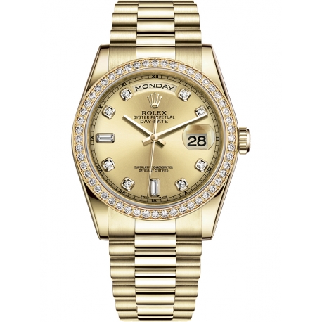 118348-0018 Rolex Day-Date 36 Yellow Gold Diamond Bezel Champagne Dial President Watch