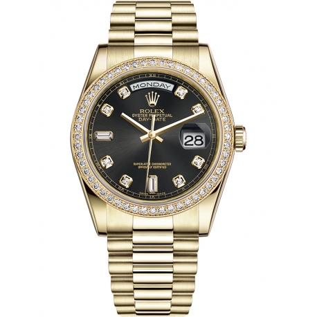 118348-0024 Rolex Day-Date 36 Yellow Gold Diamond Bezel Black Dial President Watch
