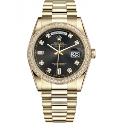 Rolex Day-Date 36 Yellow Gold Diamond Bezel Black Dial President Watch 118348