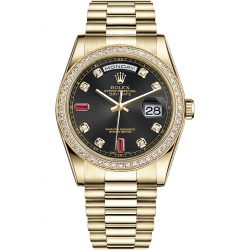 Rolex Day-Date 36 Yellow Gold Diamond Bezel Ruby Black Dial President Watch 118348