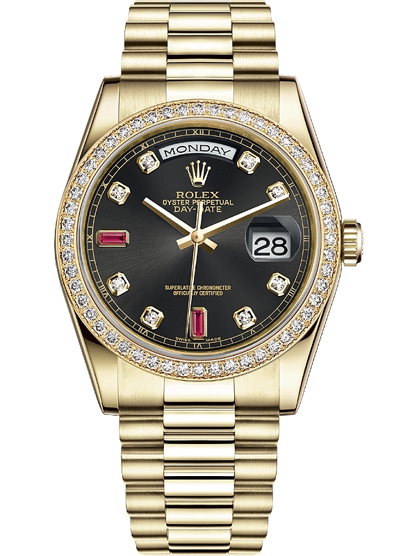 118348-0148 Rolex Day-Date 36 Diamond Bezel Ruby Black Dial Watch