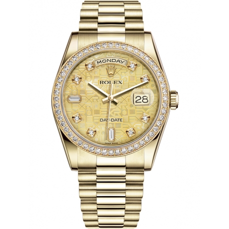 118348-0037 Rolex Day-Date 36 Yellow Gold Diamond Bezel Champagne MOP Jubilee Dial President Watch