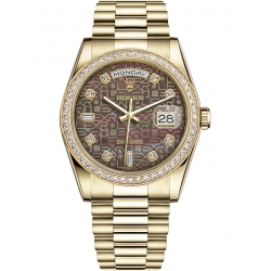 Rolex Day-Date 36 Yellow Gold Diamond Bezel Black MOP Jubilee Dial President Watch 118348