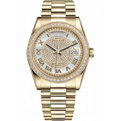 118348-0040 Rolex Day-Date 36 Yellow Gold Diamond Bezel Paved MOP Dial President Watch
