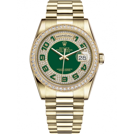 118348-0054 Rolex Day-Date 36 Yellow Gold Diamond Bezel Arabic Numerals Green Dial President Watch