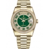 118348-0054 Rolex Day-Date 36 Yellow Gold Diamond Bezel Arabic Numerals Green Dial President Watch