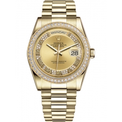 Rolex Day-Date 36 Yellow Gold Diamond Bezel Roman Champagne Dial President Watch 118348