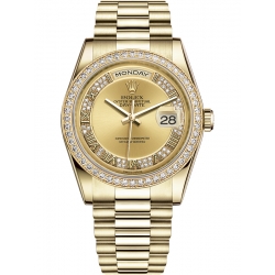 Rolex Day-Date 36 Yellow Gold Diamond Bezel Roman Champagne Dial President Watch 118348