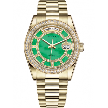 118348-0180 Rolex Day-Date 36 Yellow Gold Diamond Bezel Green Jade Carousel Dial President Watch