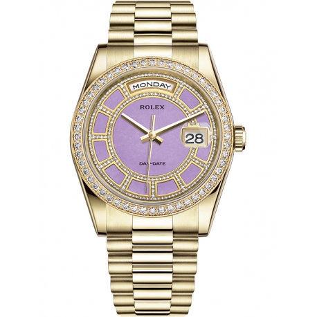 118348-0191 Rolex Day-Date 36 Yellow Gold Diamond Bezel Lavender Jade Carousel Dial President Watch