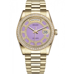 Rolex Day-Date 36 Yellow Gold Diamond Bezel Lavender Jade Dial President Watch 118348