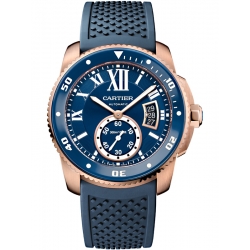 Calibre de Cartier Diver 18K Pink Gold Blue Rubber Watch WGCA0010