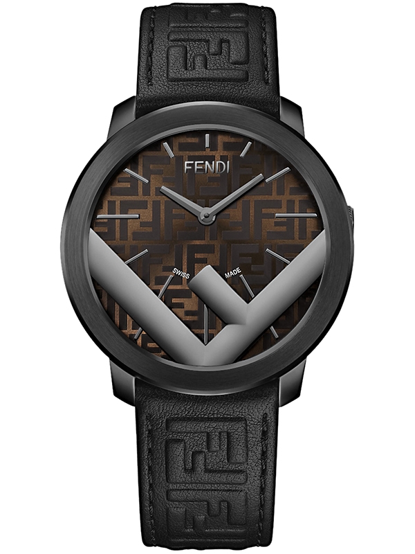 Fendi Run Away 41mm Gray F Logo Brown Dial Mens Black Watch
