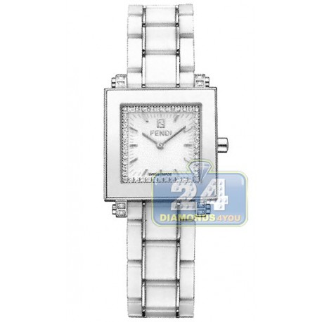 F622240DDC Fendi White Ceramic Square Diamond Dial Watch 25mm