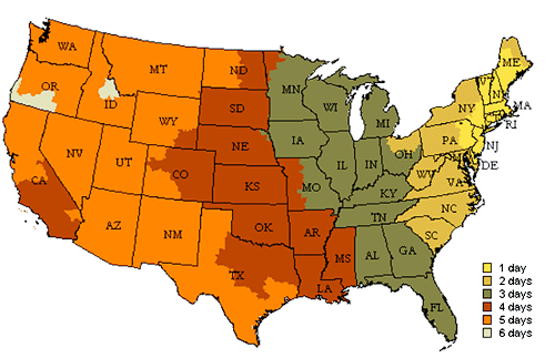 This map illustrates approximate UPS Ground Delivery time from New York, USA to your state